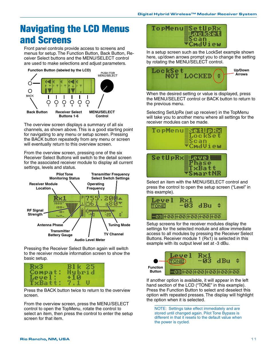 Navigating the lcd menus and screens | Lectrosonics VR Field (Wideband) User Manual | Page 11 / 32