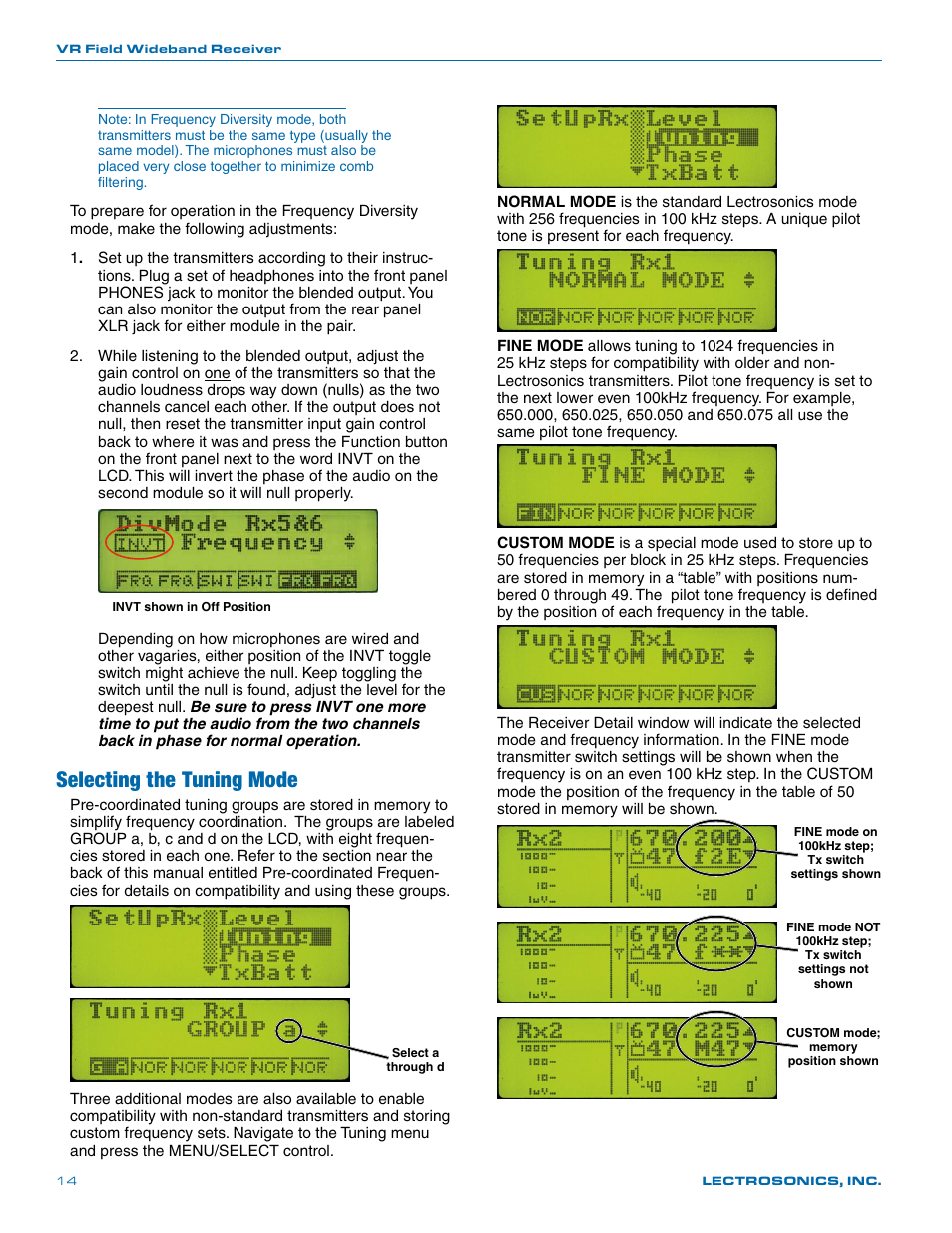 Selecting the tuning mode | Lectrosonics VR Field (Wideband) User Manual | Page 14 / 32