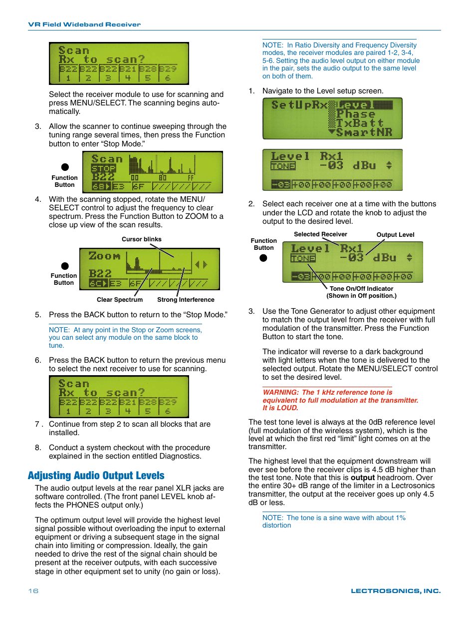 Adjusting audio output levels | Lectrosonics VR Field (Wideband) User Manual | Page 16 / 32