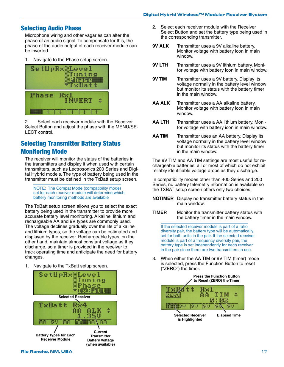 Selecting audio phase | Lectrosonics VR Field (Wideband) User Manual | Page 17 / 32