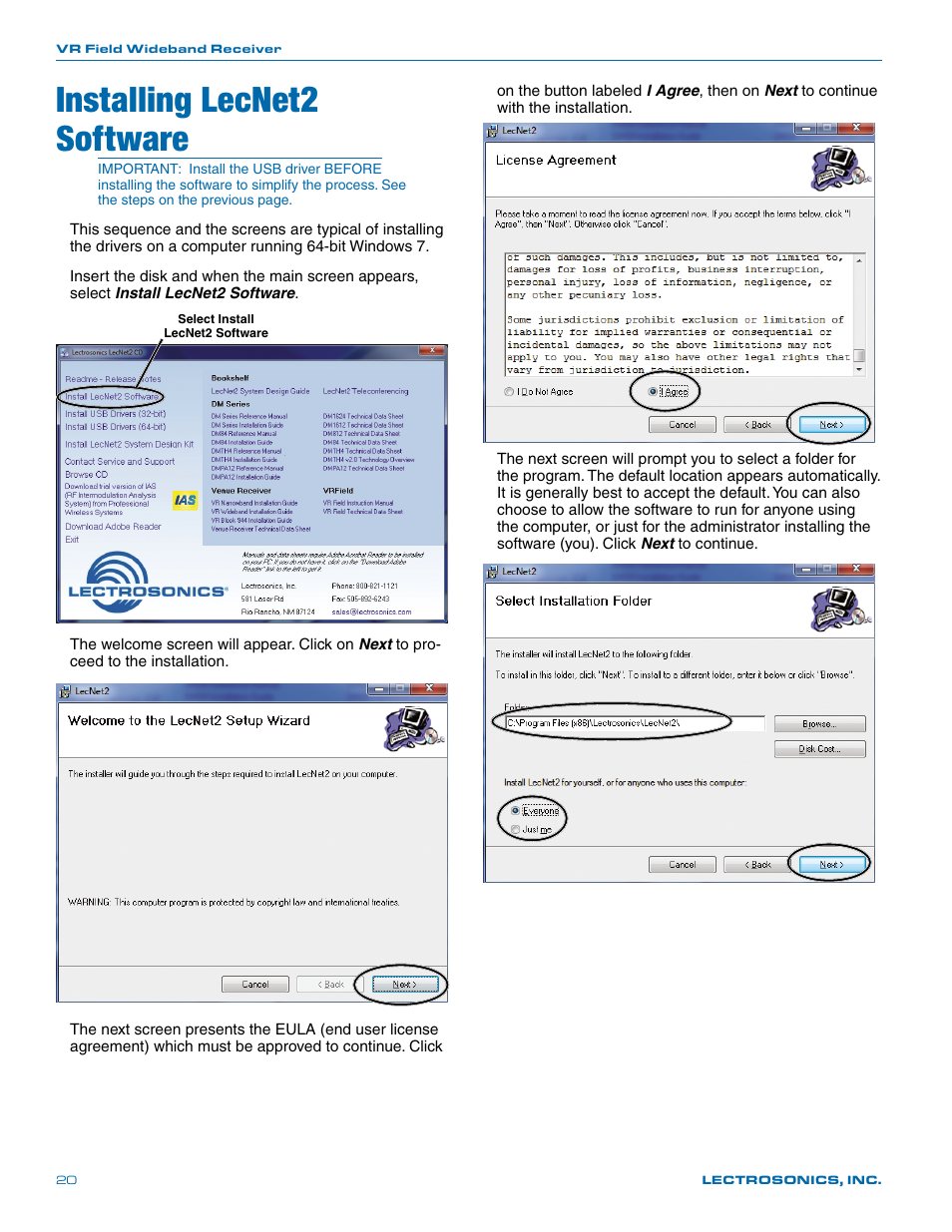 Installing lecnet2 software | Lectrosonics VR Field (Wideband) User Manual | Page 20 / 32