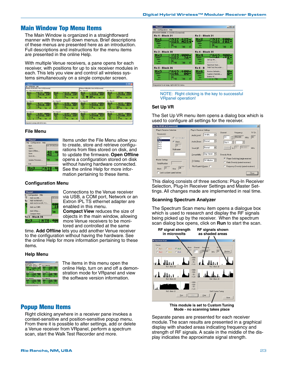 Main window top menu items, Popup menu items | Lectrosonics VR Field (Wideband) User Manual | Page 23 / 32