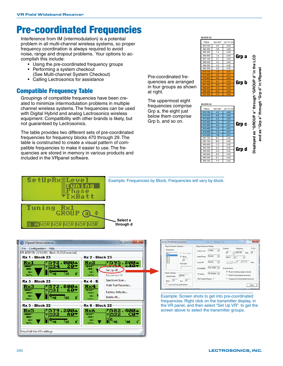 Pre-coordinated frequencies, Compatible frequency table, Grp a | Grp b grp c grp d | Lectrosonics VR Field (Wideband) User Manual | Page 26 / 32