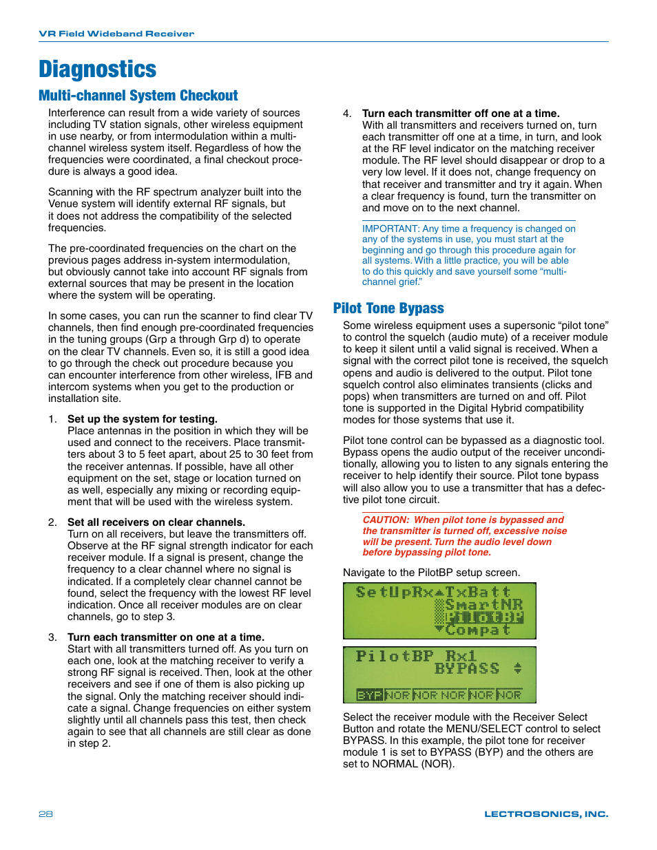 Diagnostics, Multi-channel system checkout, Pilot tone bypass | Lectrosonics VR Field (Wideband) User Manual | Page 28 / 32