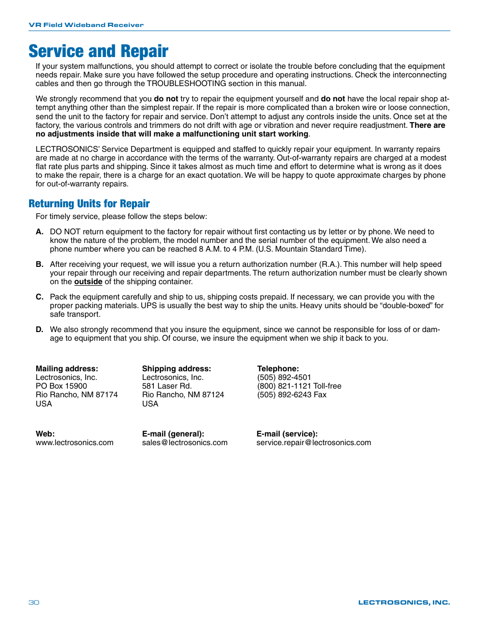 Service and repair, Returning units for repair | Lectrosonics VR Field (Wideband) User Manual | Page 30 / 32