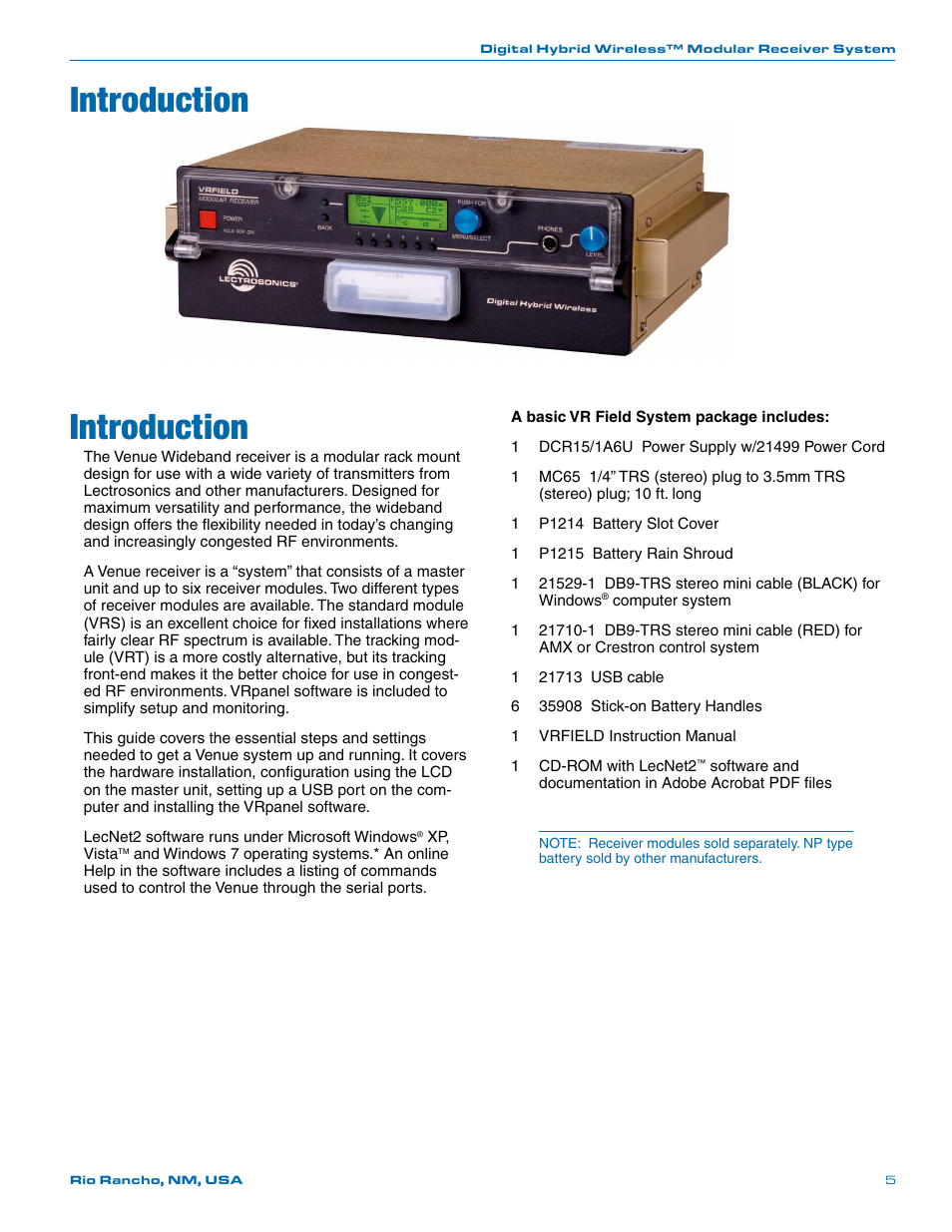 Introduction, Unpacking the unit | Lectrosonics VR Field (Wideband) User Manual | Page 5 / 32