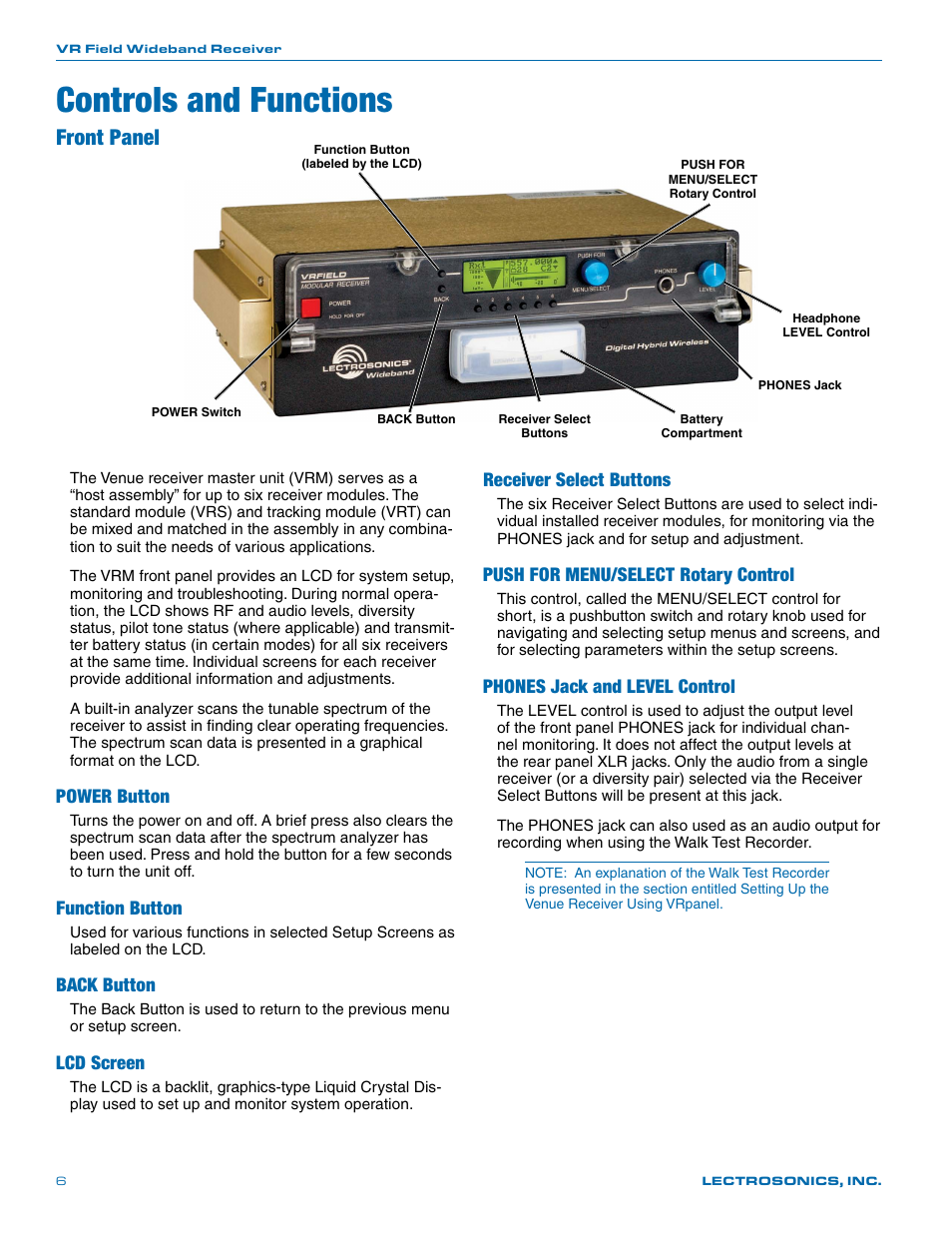 Controls and functions, Front panel, Power button | Function button, Back button, Lcd screen, Receiver select buttons, Push for menu/select rotary control, Phones jack and level control | Lectrosonics VR Field (Wideband) User Manual | Page 6 / 32