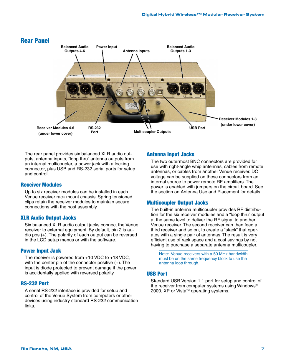 Rear panel, Receiver modules, Xlr audio output jacks | Power input jack, Rs-232 port, Antenna input jacks, Multicoupler output jacks, Usb port | Lectrosonics VR Field (Wideband) User Manual | Page 7 / 32