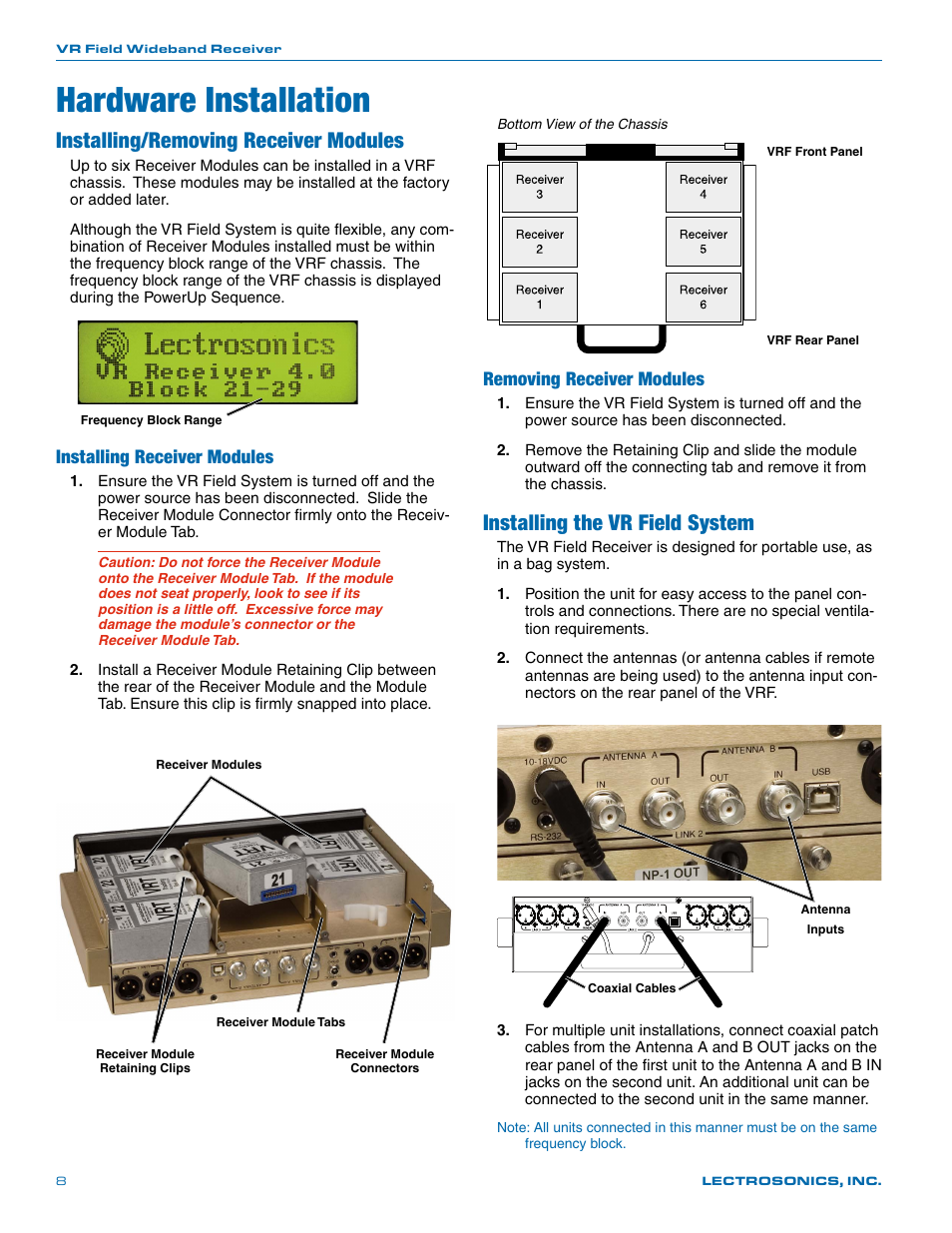 Hardware installation, Installing/removing receiver modules, Installing the vr field system | Installing receiver modules, Removing receiver modules | Lectrosonics VR Field (Wideband) User Manual | Page 8 / 32