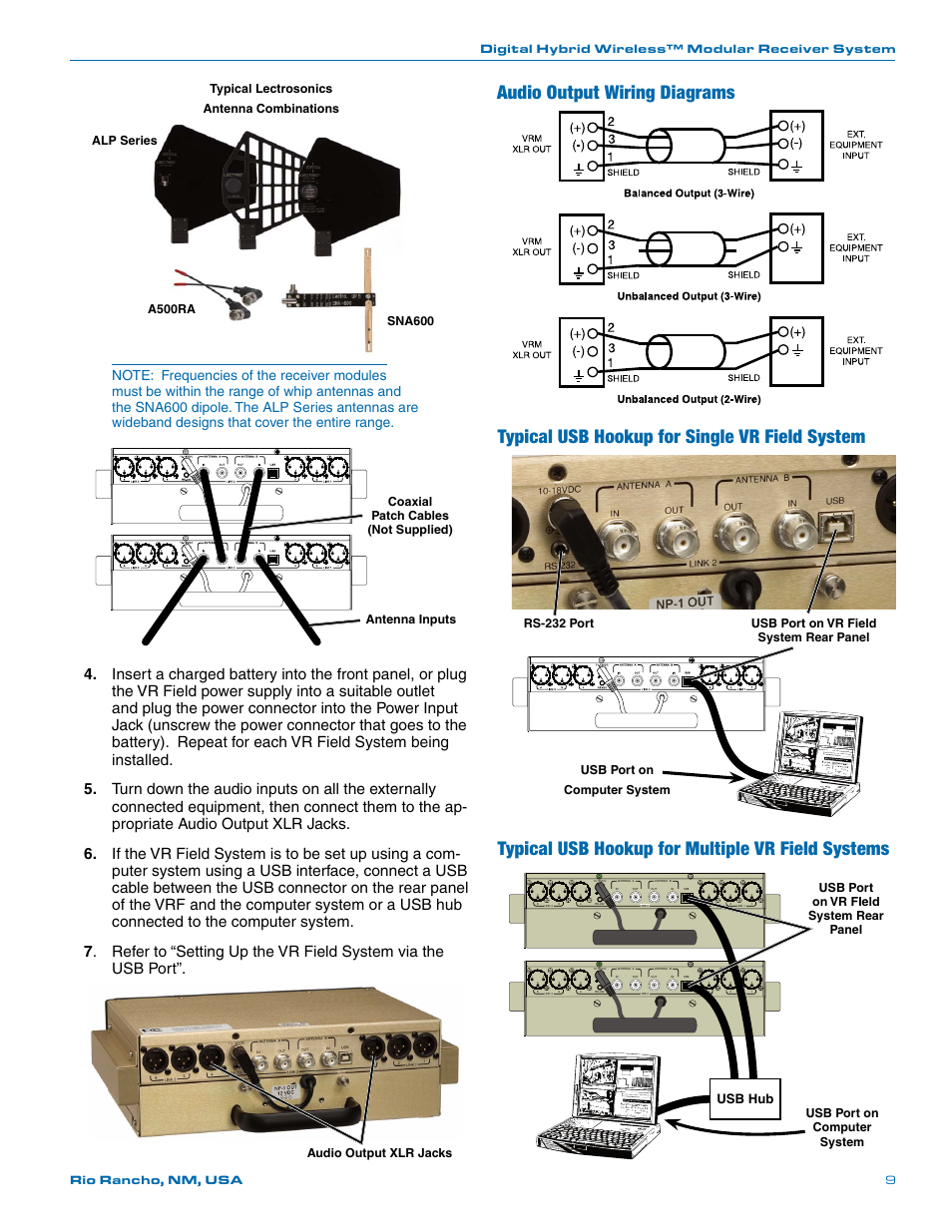 Typical usb hookup for single vr field system, Typical usb hookup for multiple vr field systems, Audio output wiring diagrams | Usb hub, Usb port on computer system | Lectrosonics VR Field (Wideband) User Manual | Page 9 / 32
