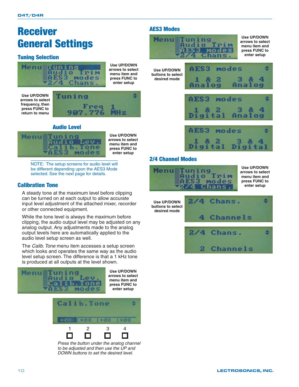 Receivergeneral settings, Receiver general settings, Tuning selection | Audio level, Calibration tone, Aes3 modes, 2/4 channel modes | Lectrosonics D4 System User Manual | Page 10 / 20