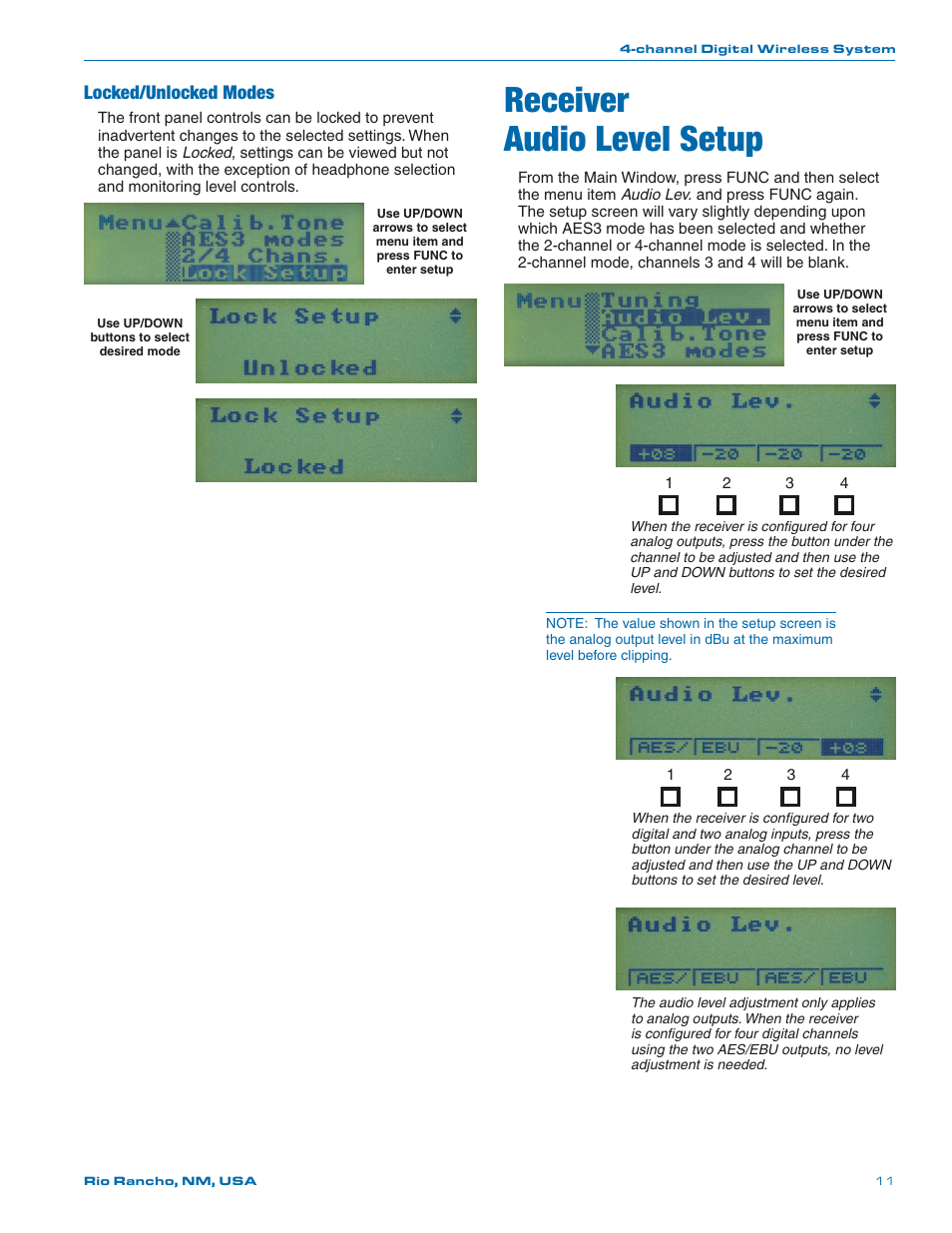 Receiveraudio level setup, Receiver audio level setup, Locked/unlocked modes | Lectrosonics D4 System User Manual | Page 11 / 20