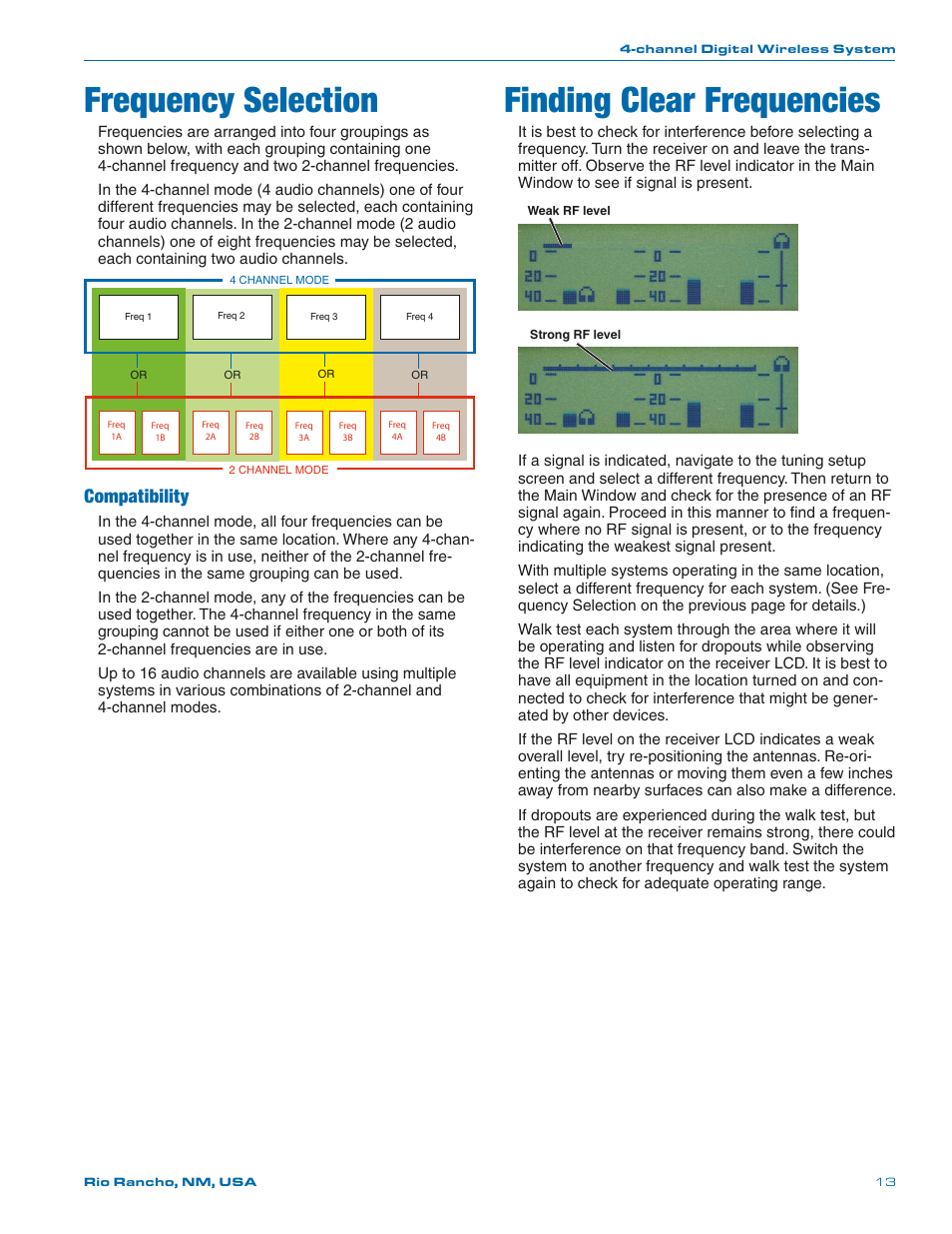Frequency selection finding clear frequencies, Finding clear frequencies, Frequency selection | Compatibility | Lectrosonics D4 System User Manual | Page 13 / 20