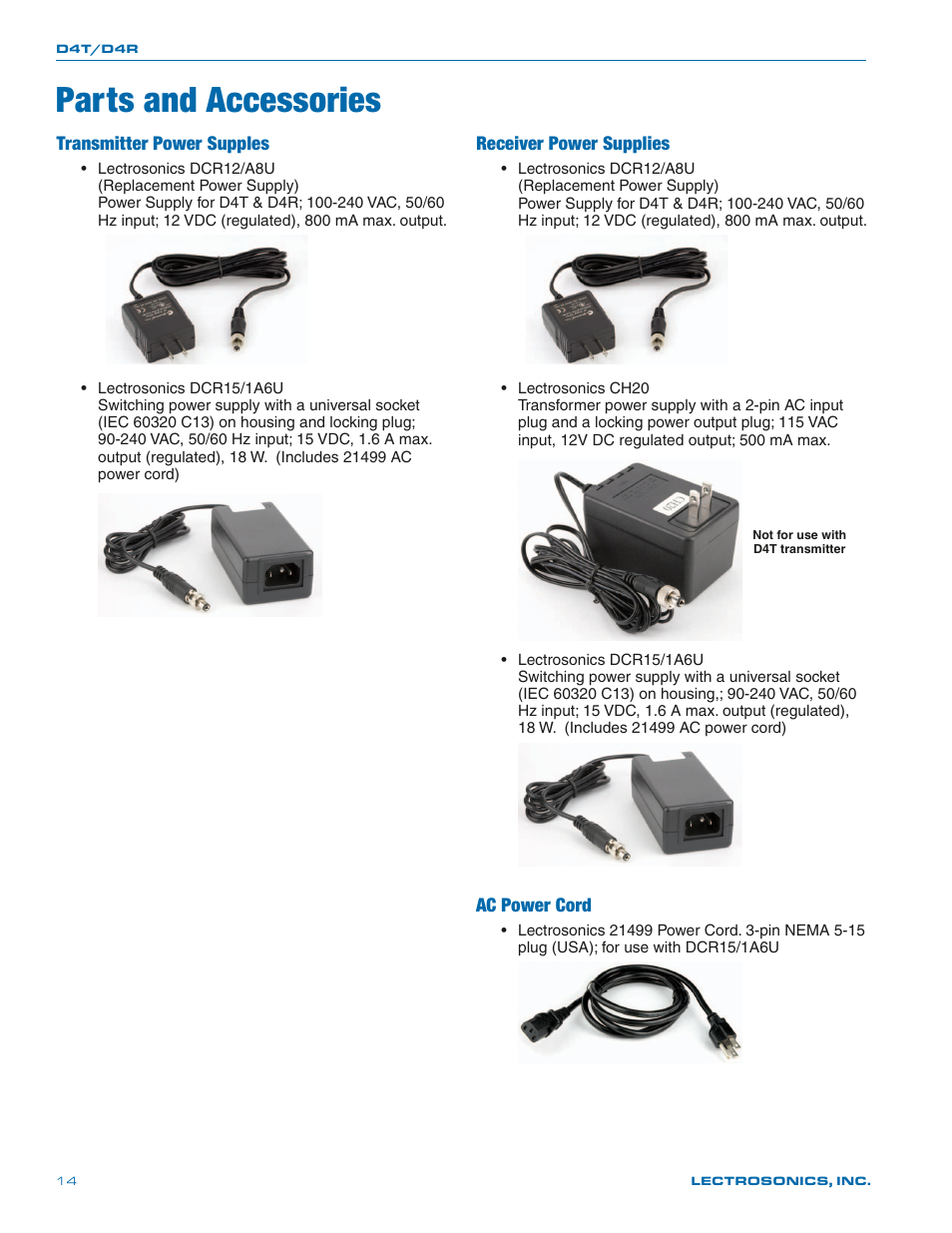 Parts and accessories, Transmitter power supples, Receiver power supplies | Ac power cord | Lectrosonics D4 System User Manual | Page 14 / 20