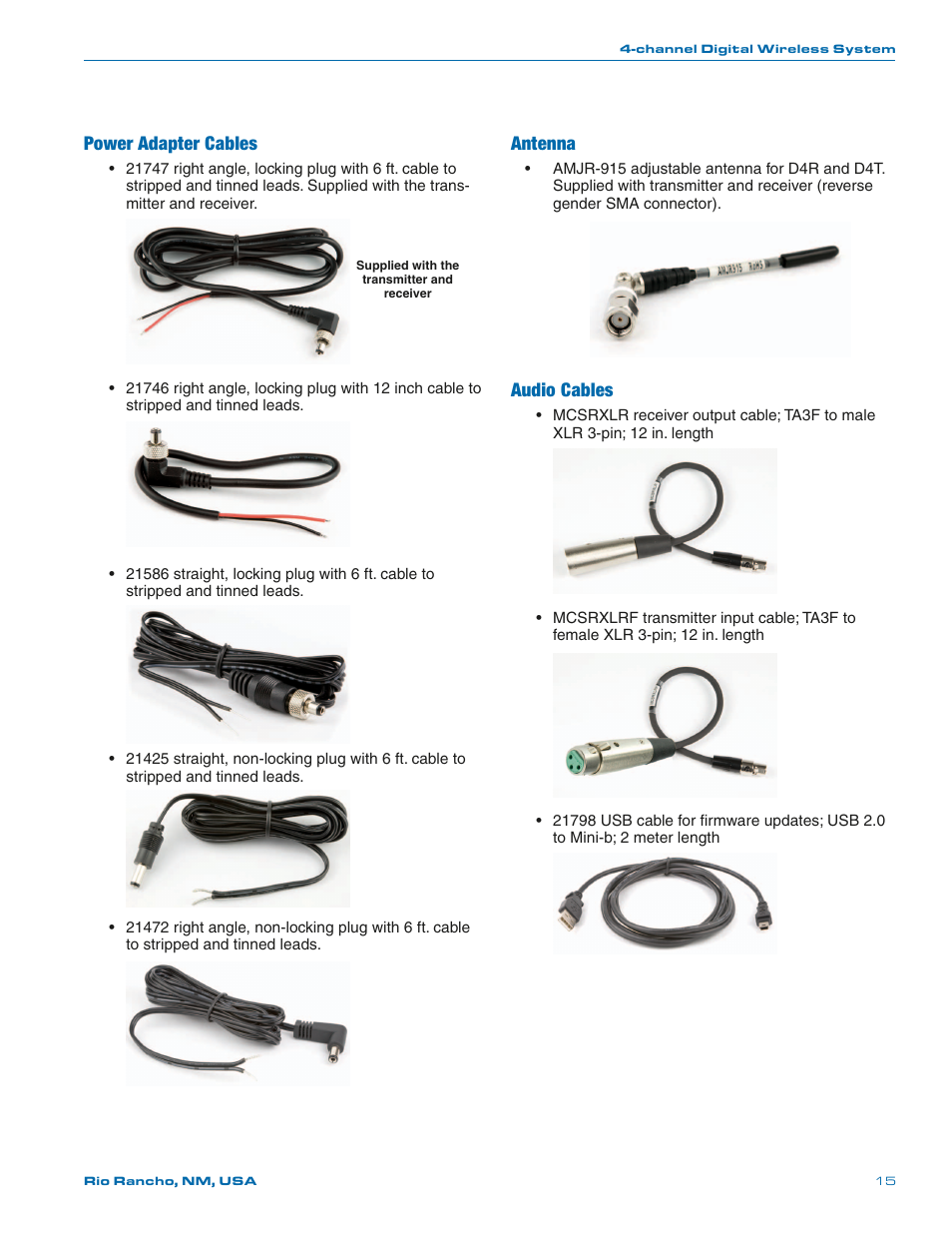 Antenna, Audio cables, Power adapter cables | Lectrosonics D4 System User Manual | Page 15 / 20