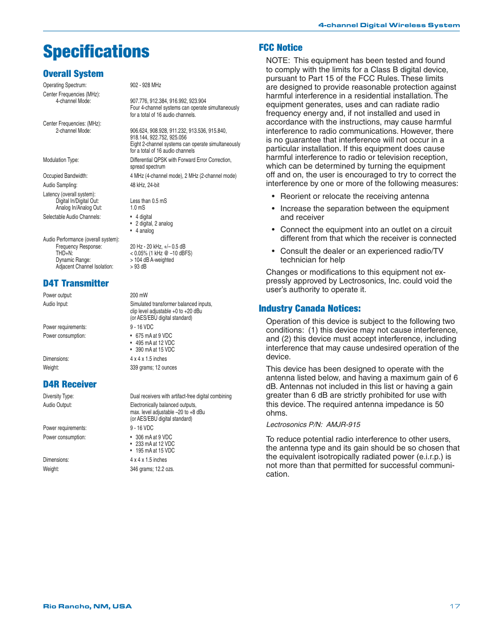Specifications, Fcc notice, Industry canada notices | Overall system, D4t transmitter, D4r receiver | Lectrosonics D4 System User Manual | Page 17 / 20