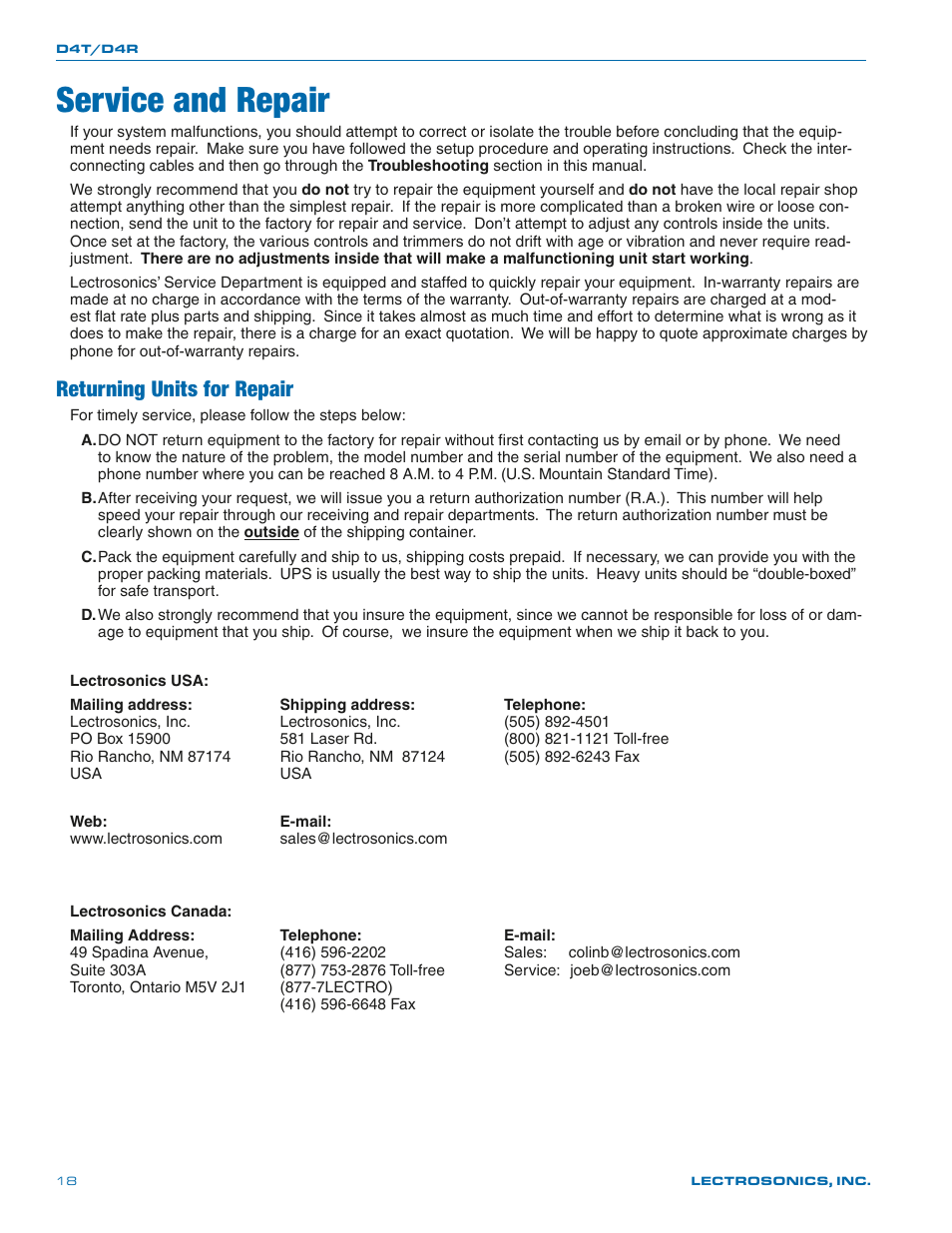 Service and repair, Returning units for repair | Lectrosonics D4 System User Manual | Page 18 / 20