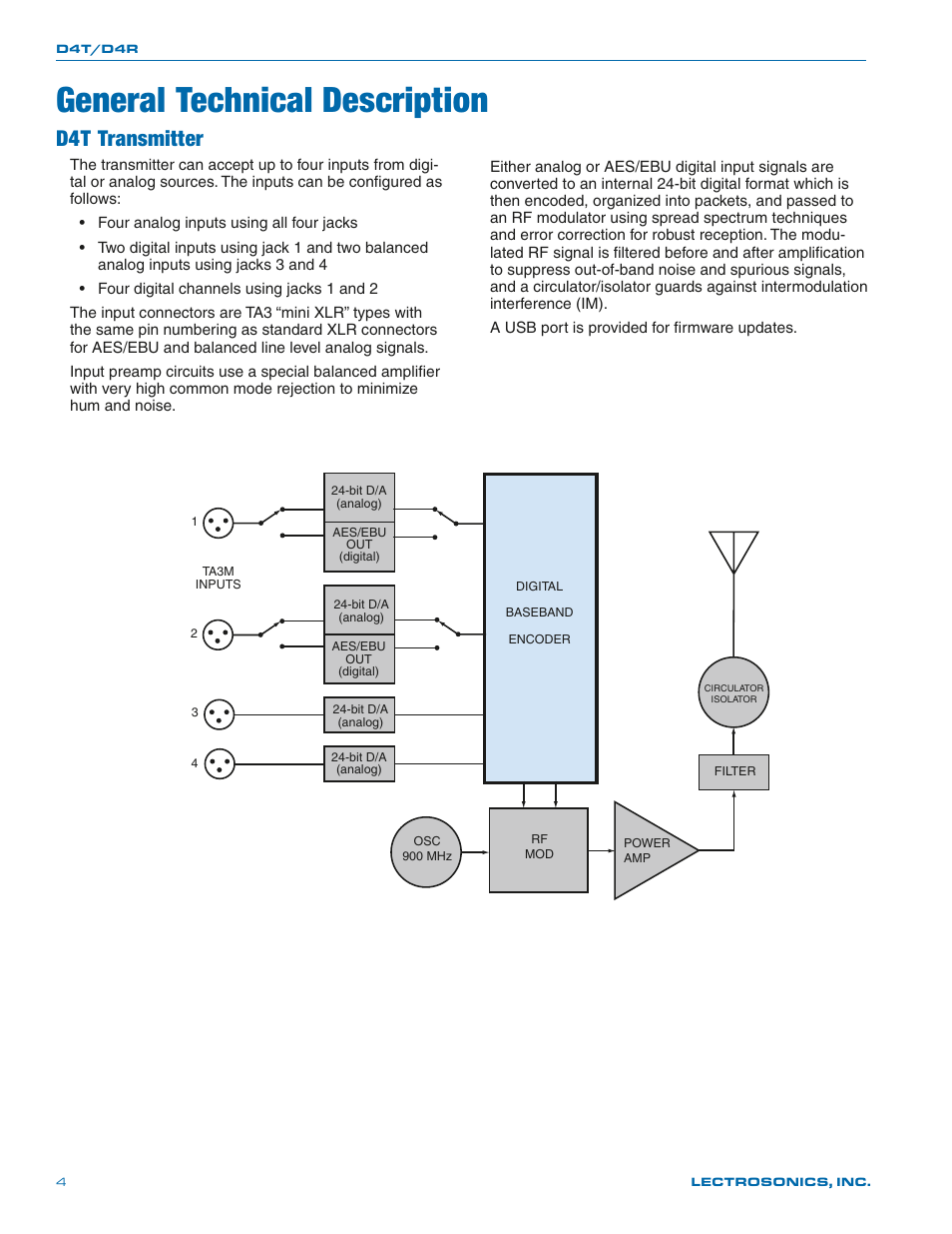 General technical description, D4t transmitter | Lectrosonics D4 System User Manual | Page 4 / 20
