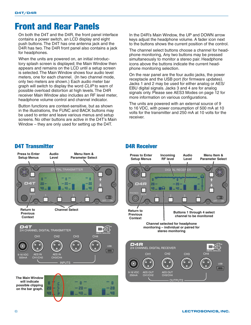 Front and rear panels, D4t transmitter, D4r receiver | Lectrosonics D4 System User Manual | Page 6 / 20