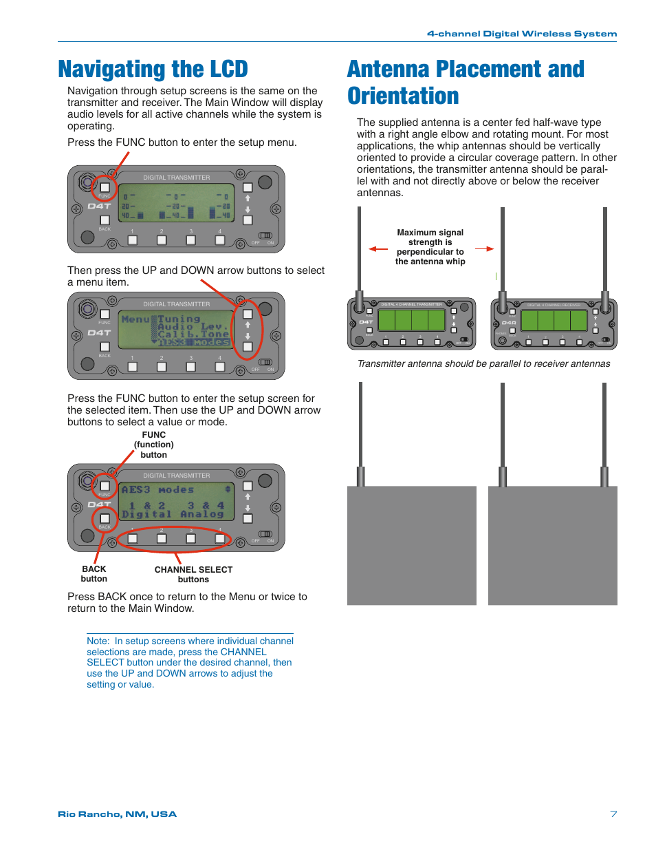Navigating the lcd, Antenna placement and orientation | Lectrosonics D4 System User Manual | Page 7 / 20