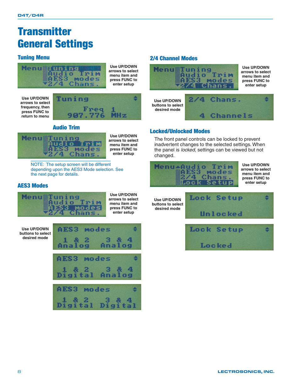 Transmittergeneral settings, Transmitter general settings, Tuning menu | Audio trim, Aes3 modes, 2/4 channel modes, Locked/unlocked modes | Lectrosonics D4 System User Manual | Page 8 / 20
