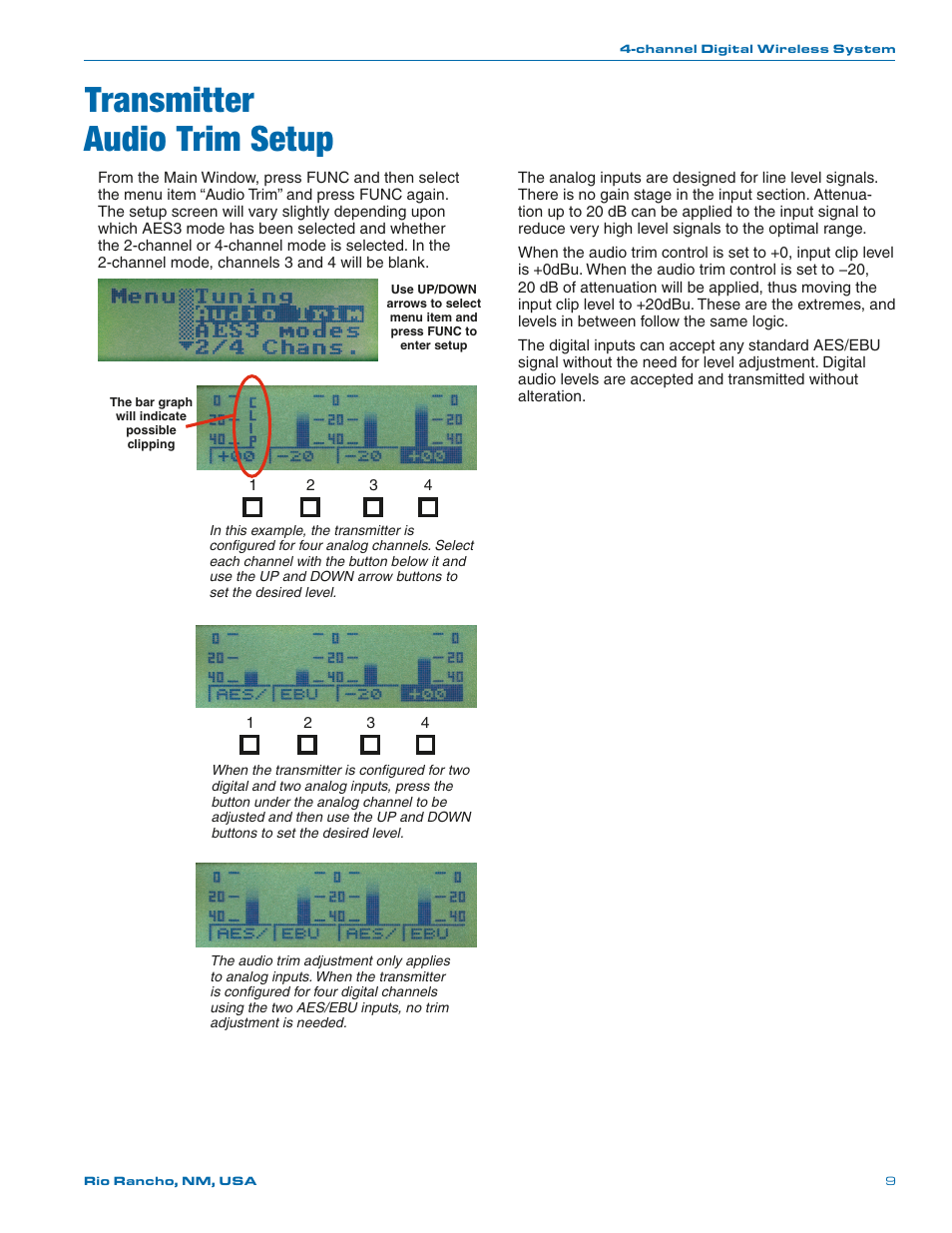 Transmitteraudio trim setup, Transmitter audio trim setup | Lectrosonics D4 System User Manual | Page 9 / 20