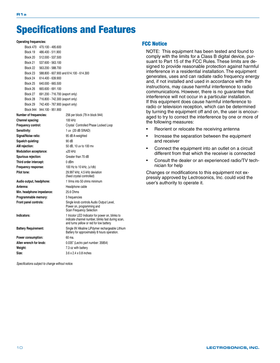 Specifications and features, Fcc notice | Lectrosonics R1a User Manual | Page 10 / 12