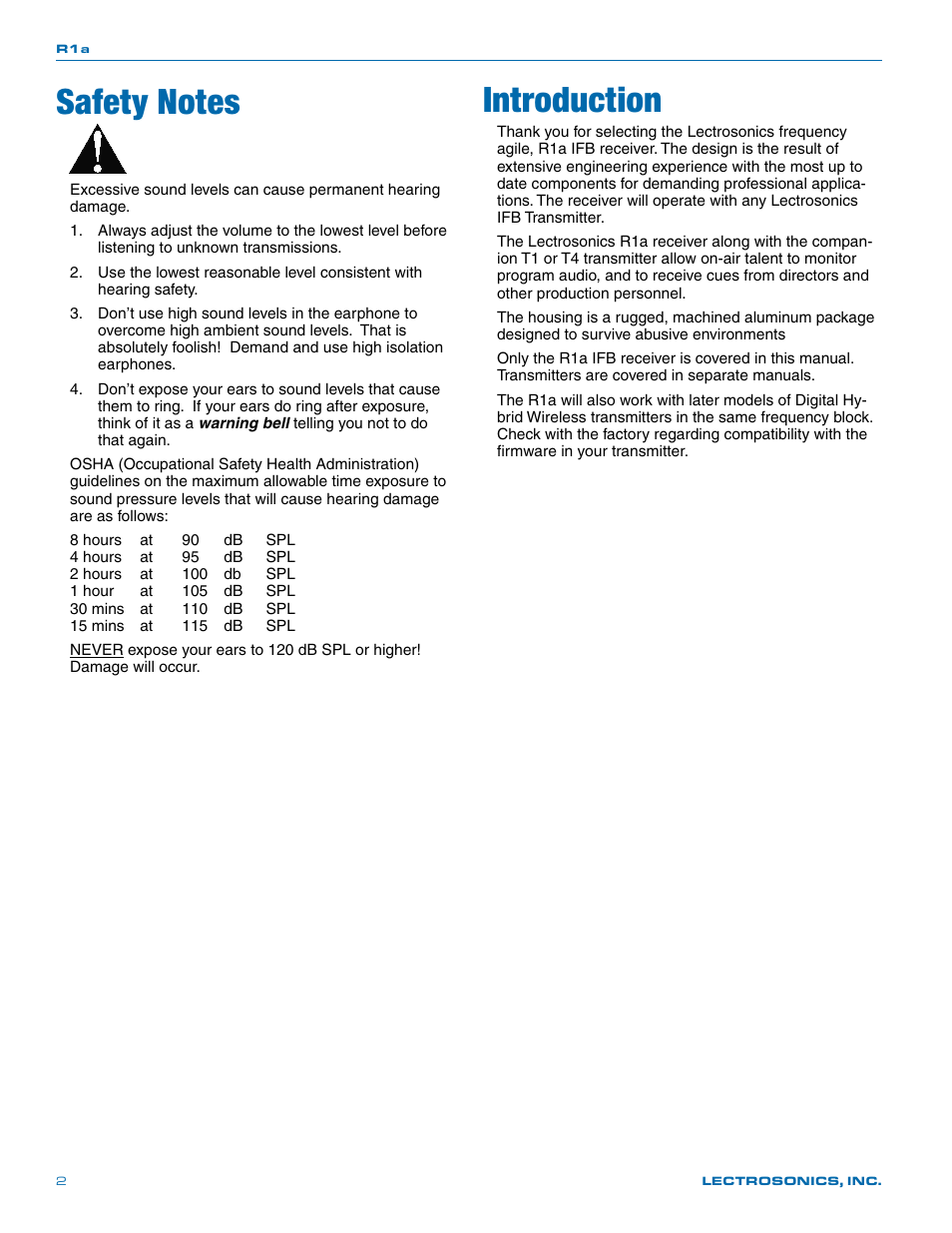 Introduction | Lectrosonics R1a User Manual | Page 2 / 12