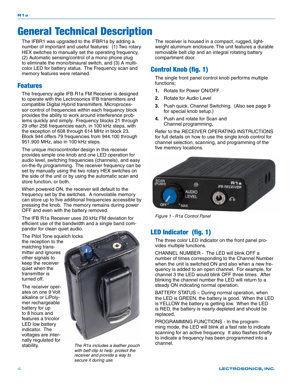 General technical description, Features, Control knob (fig. 1) | Led indicator (fig. 1) | Lectrosonics R1a User Manual | Page 4 / 12
