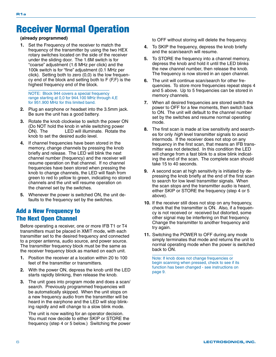 Receiver normal operation, Add a new frequency to the next open channel | Lectrosonics R1a User Manual | Page 6 / 12