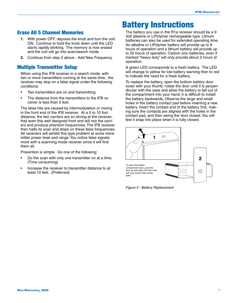 Battery instructions, Multiple transmitter setup | Lectrosonics R1a User Manual | Page 7 / 12