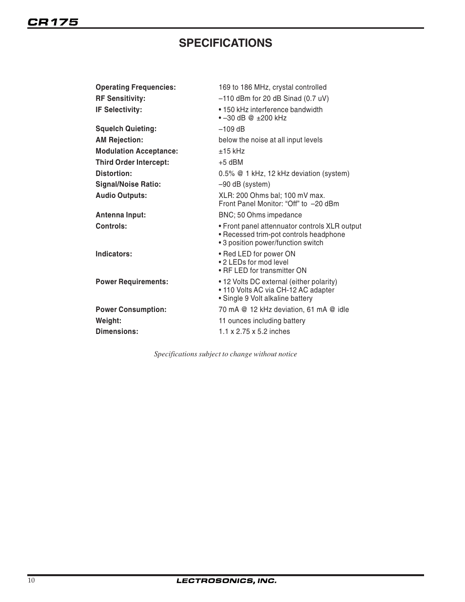 Specifications | Lectrosonics CR175 User Manual | Page 10 / 12