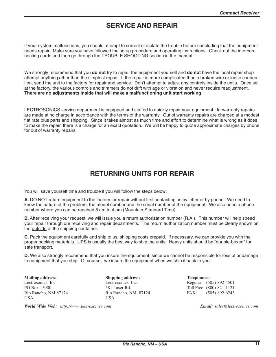 Service and repair, Returning units for repair | Lectrosonics CR175 User Manual | Page 11 / 12