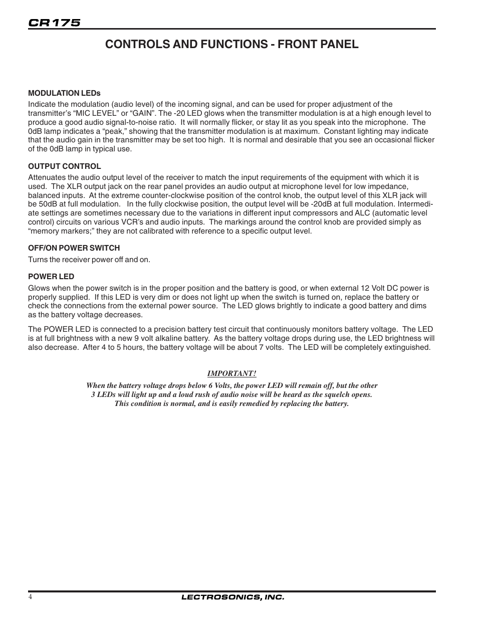 Controls and functions - front panel | Lectrosonics CR175 User Manual | Page 4 / 12