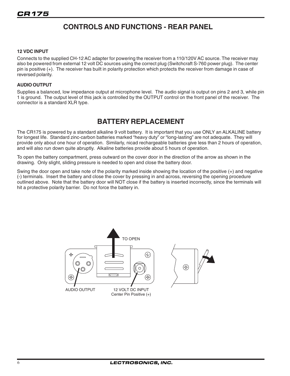 Controls and functions - rear panel, Battery replacement | Lectrosonics CR175 User Manual | Page 6 / 12