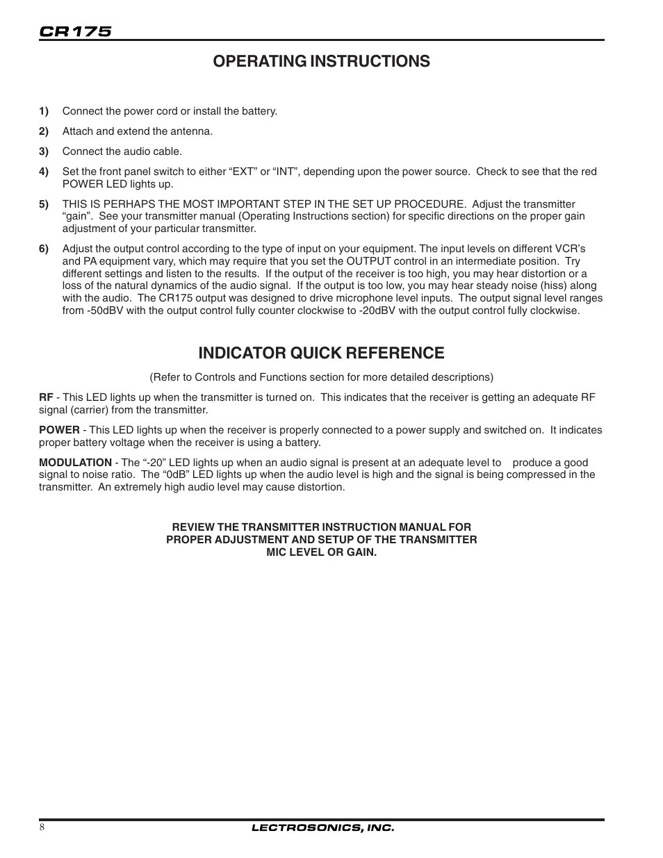 Operating instructions, Indicator quick reference | Lectrosonics CR175 User Manual | Page 8 / 12
