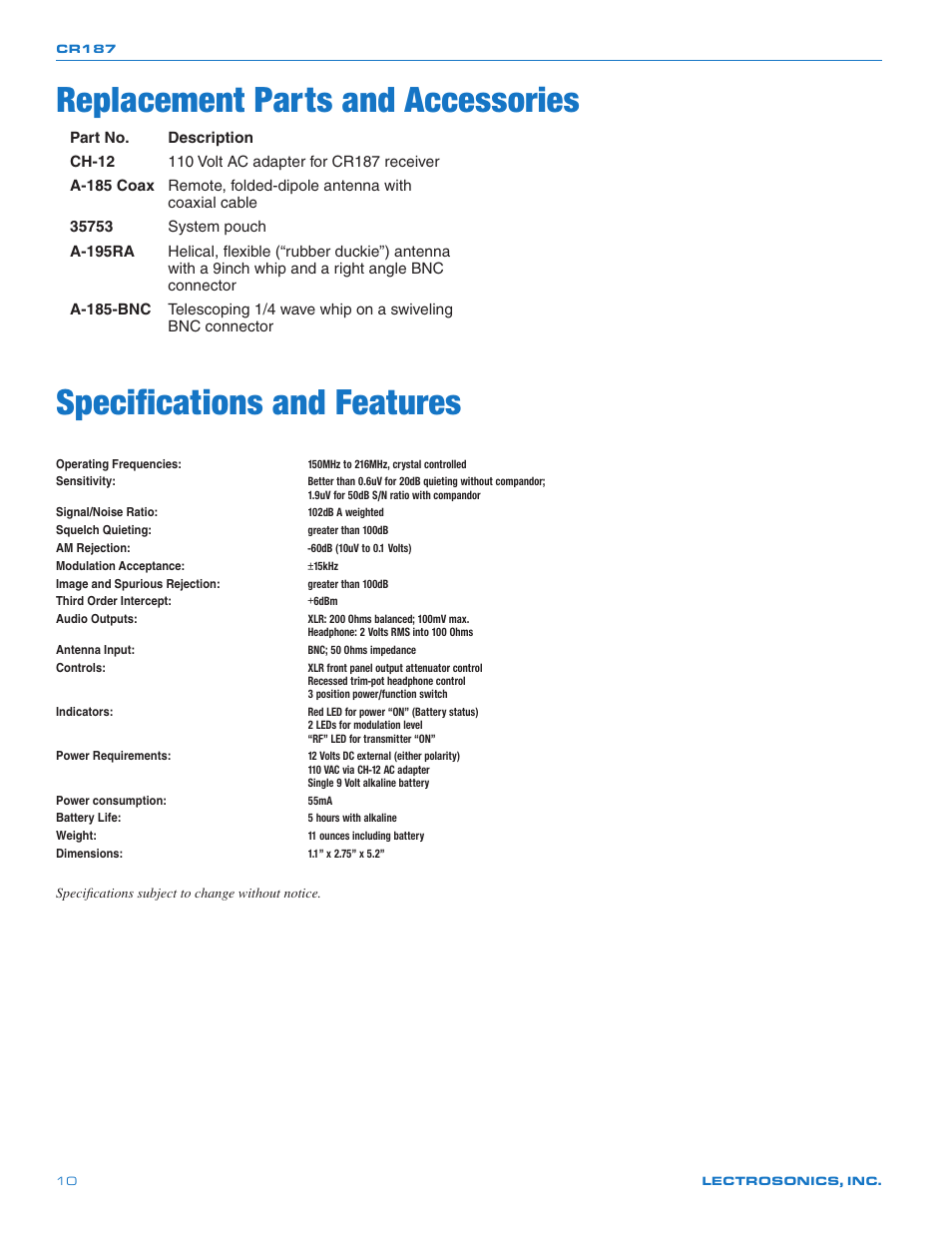 Replacement parts and accessories, Specifications and features | Lectrosonics CR187 User Manual | Page 10 / 12