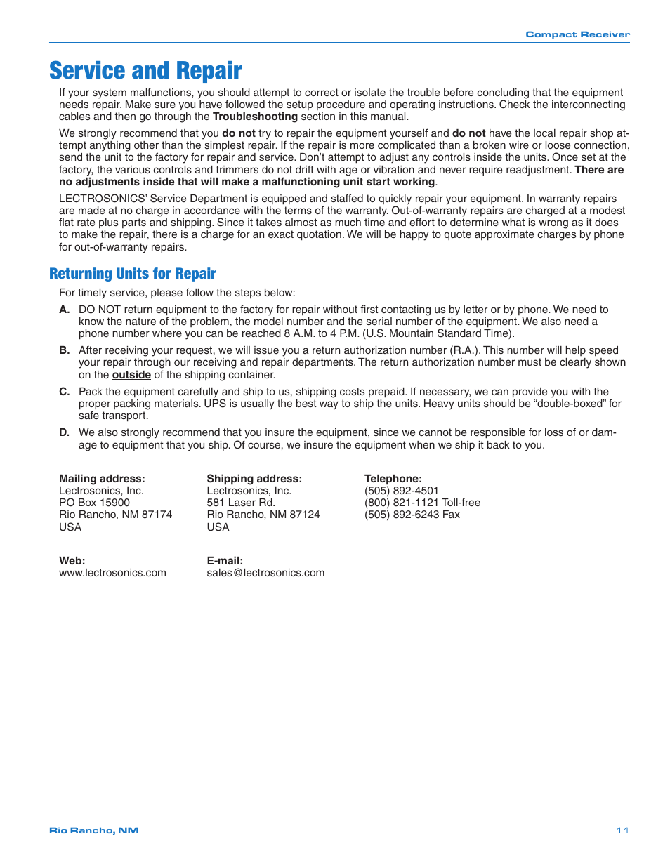 Service and repair, Returning units for repair | Lectrosonics CR187 User Manual | Page 11 / 12