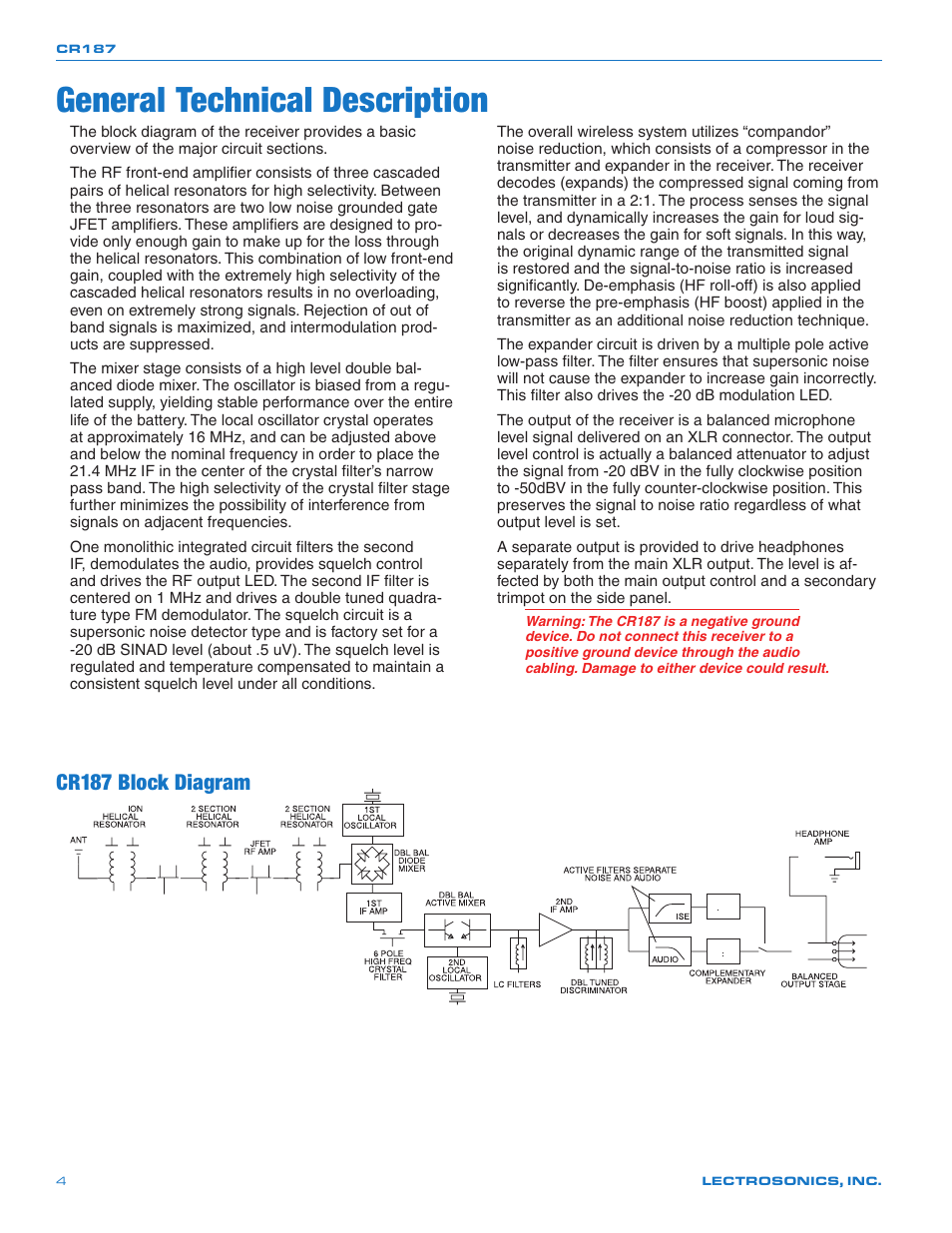 Introduction, General technical description, Cr187 block diagram | Lectrosonics CR187 User Manual | Page 4 / 12