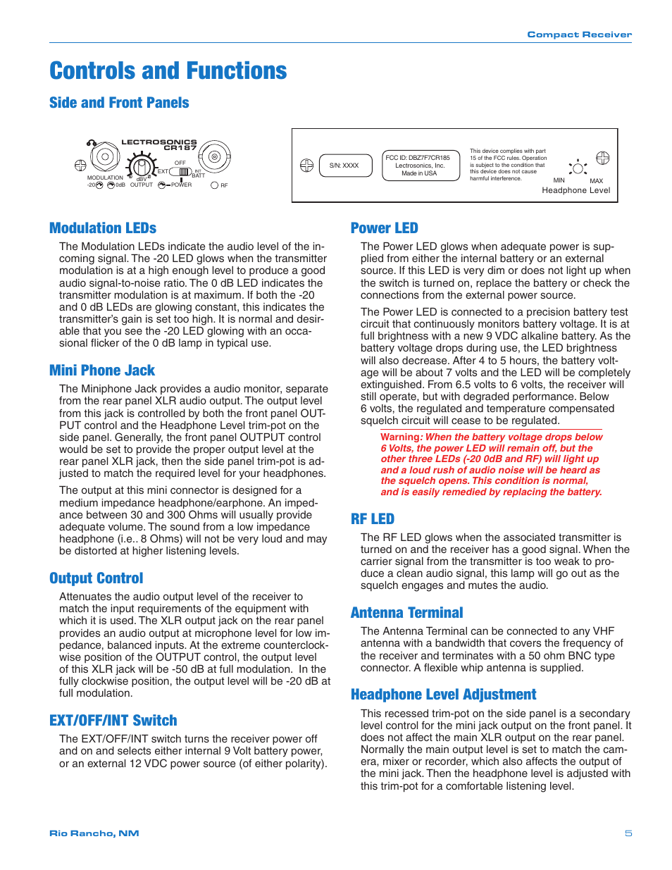 Controls and functions, Receiver front panel, Modulation leds | Output control, Ext/off/int switch, Power led, Rf led, Side and front panels, Mini phone jack, Antenna terminal | Lectrosonics CR187 User Manual | Page 5 / 12