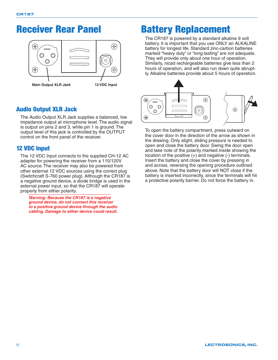 Receiver rear panel, 12 vdc input, Audio output xlr jack | Mini phone jack, Antenna terminal, Battery replacement | Lectrosonics CR187 User Manual | Page 6 / 12