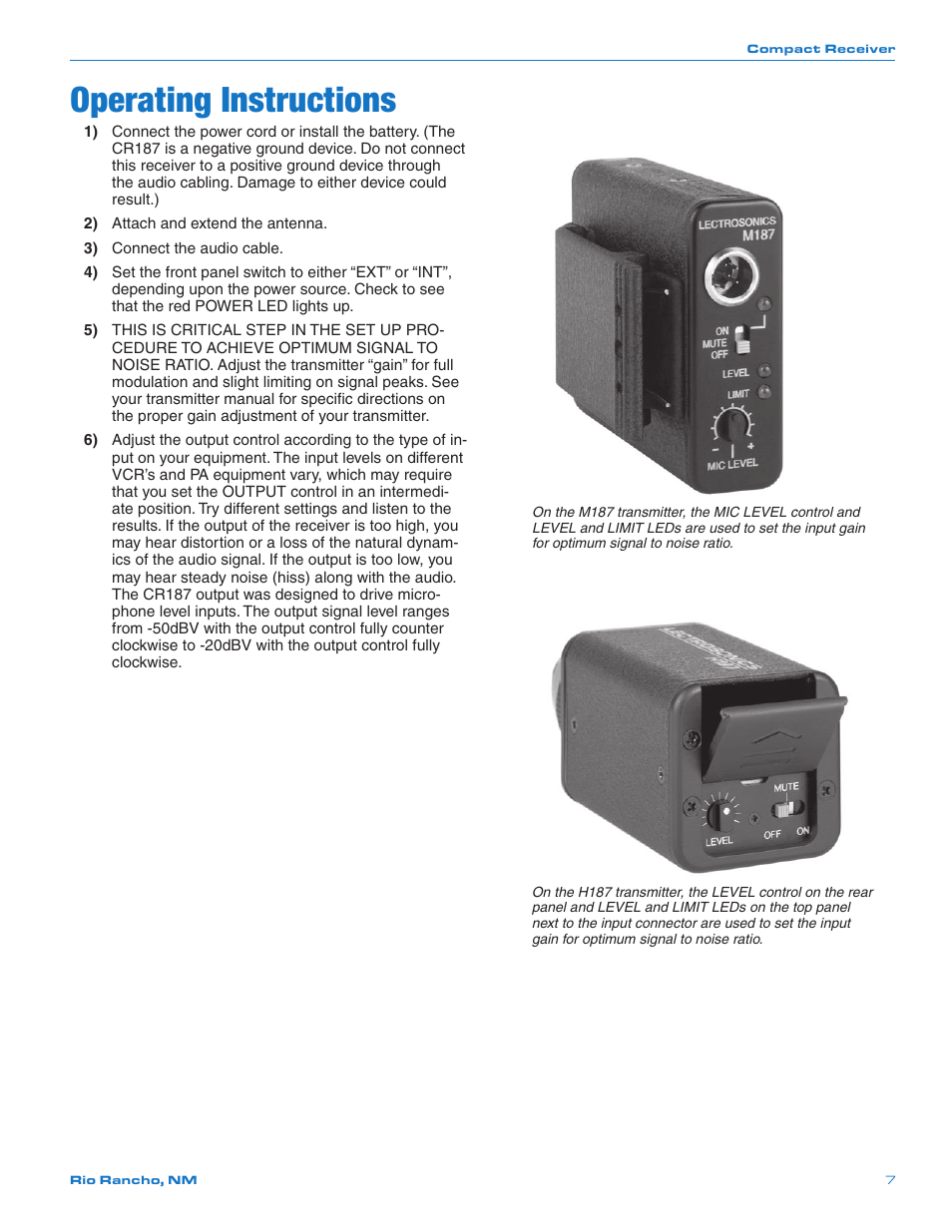 Battery replacement, Operating instructions | Lectrosonics CR187 User Manual | Page 7 / 12