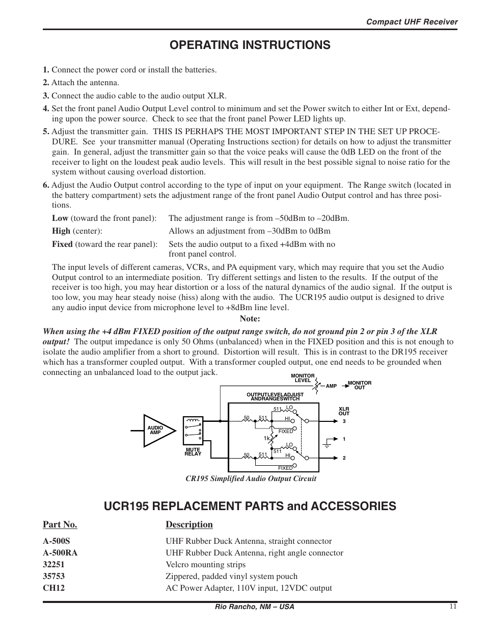 Operating instructions, Ucr195 replacement parts and accessories, Part no. description | Lectrosonics UCR195 User Manual | Page 11 / 16