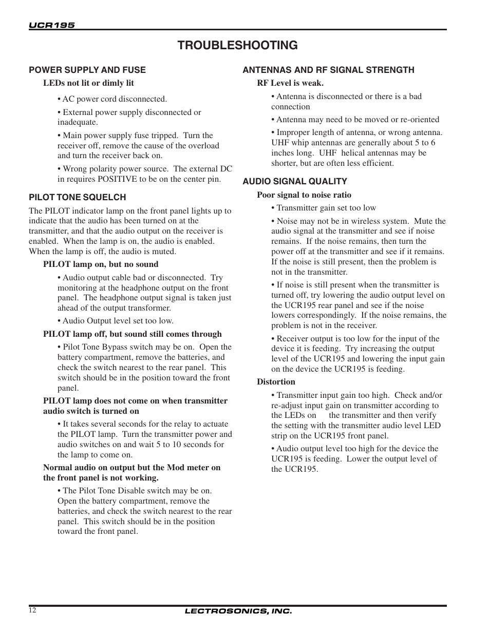 Troubleshooting | Lectrosonics UCR195 User Manual | Page 12 / 16