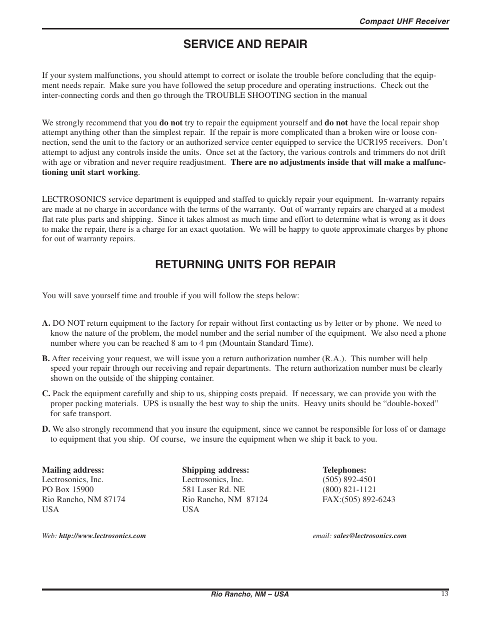 Service and repair, Returning units for repair | Lectrosonics UCR195 User Manual | Page 13 / 16