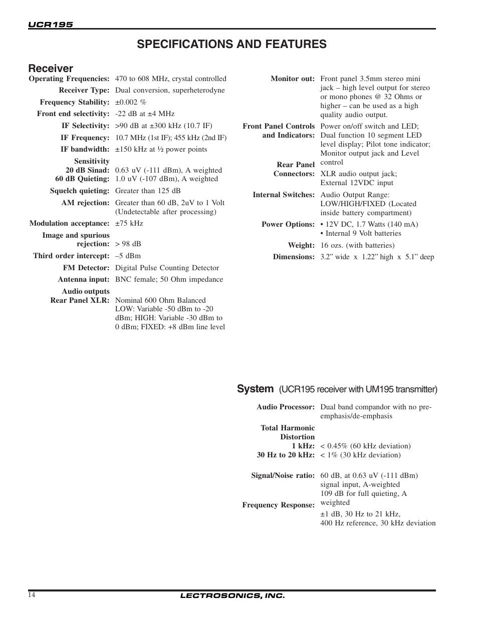 Specifications and features, Receiver, System | Lectrosonics UCR195 User Manual | Page 14 / 16