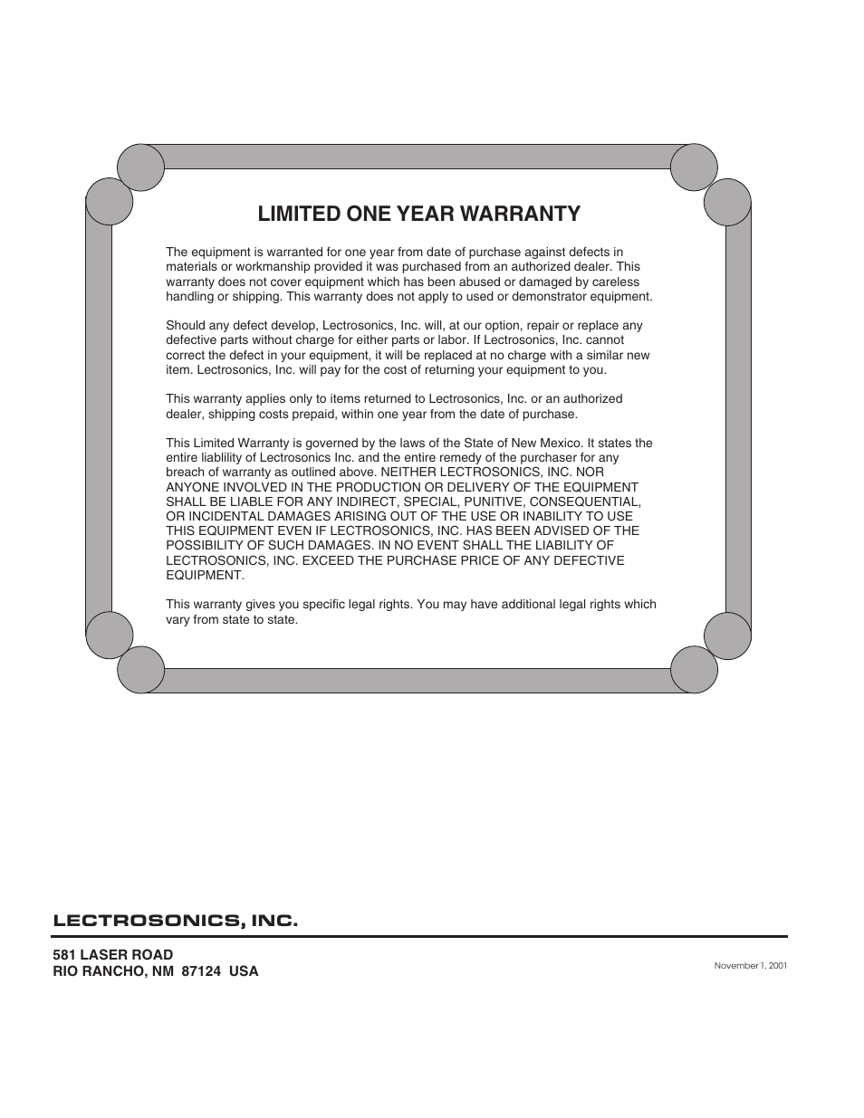 Limited one year warranty | Lectrosonics UCR195 User Manual | Page 16 / 16
