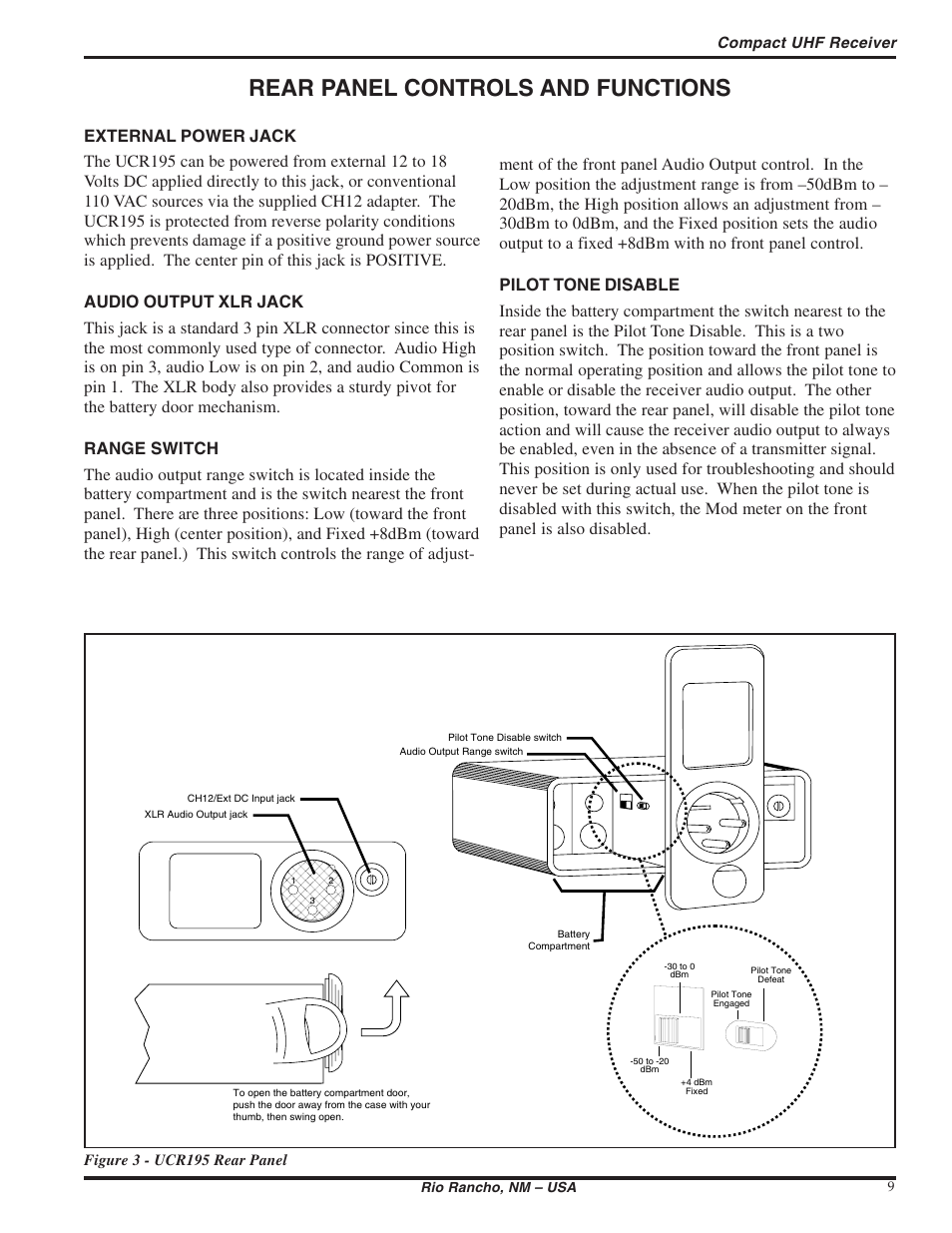 Rear panel controls and functions | Lectrosonics UCR195 User Manual | Page 9 / 16