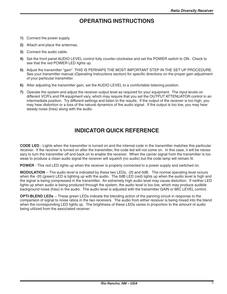 Operating instructions, Indicator quick reference | Lectrosonics DR175 User Manual | Page 5 / 10