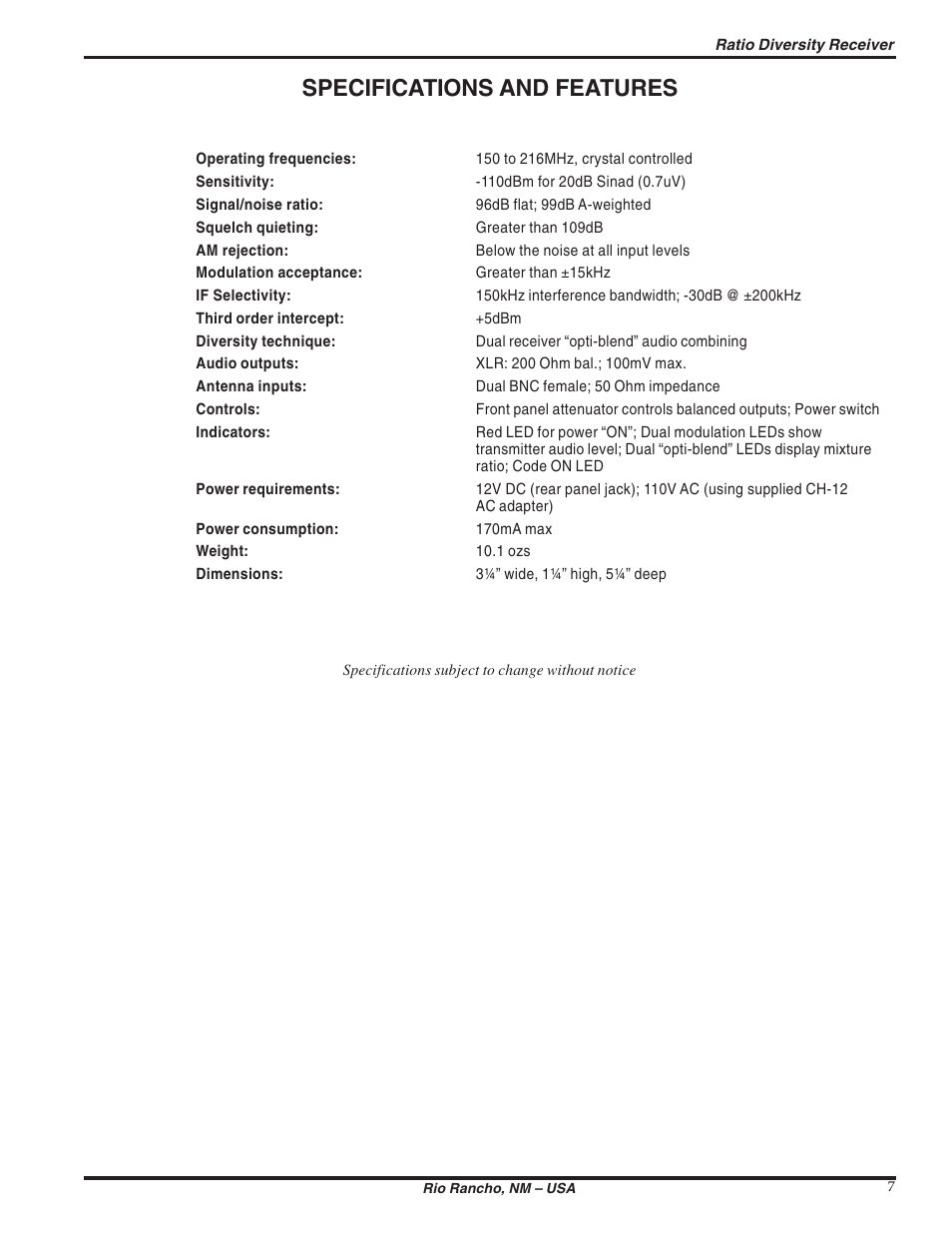 Specifications and features | Lectrosonics DR175 User Manual | Page 7 / 10